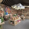 Traditional Craft Store Interior With Wooden Shelves Colorful Paintings And Potted Plants