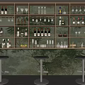 Modern Wine Cabinet With Layered Shelves Wine Bottles Glassware And Bar Stools
