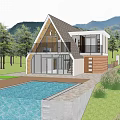 Modern Detached Villa Exterior Design With Gabled Roof Large Windows And Swimming Pool Garden