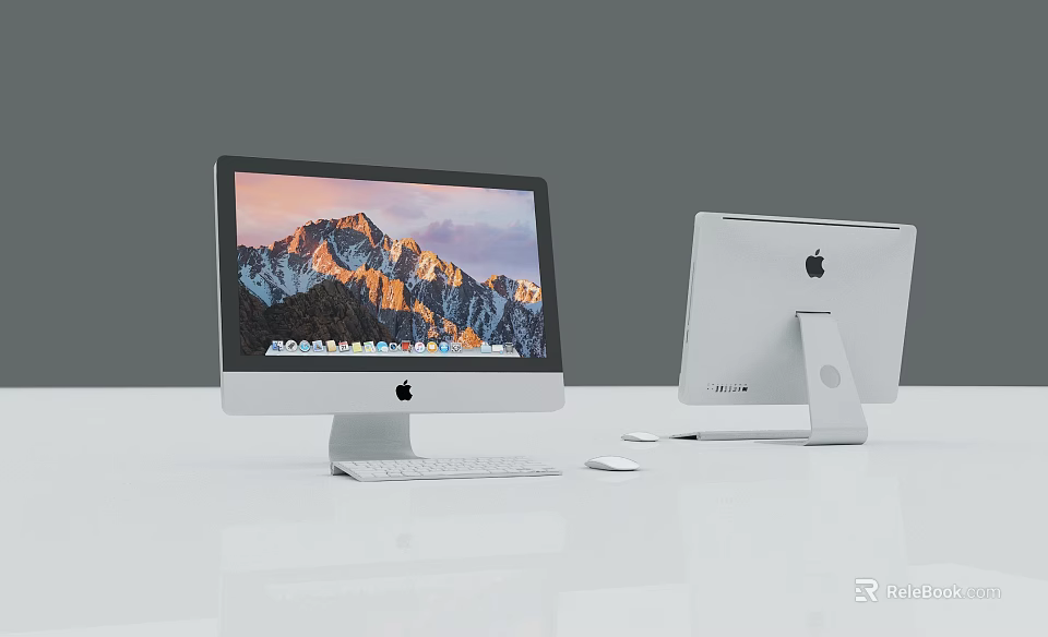 Apple iMac Desktop Computers Front Back View With Mountain Landscape Display And Keyboard Mouse 3d model 
