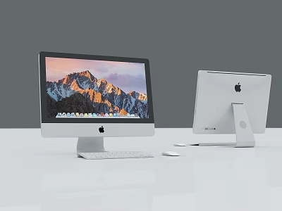 Apple iMac Desktop Computers Front Back View With Mountain Landscape Display And Keyboard Mouse 3d model
