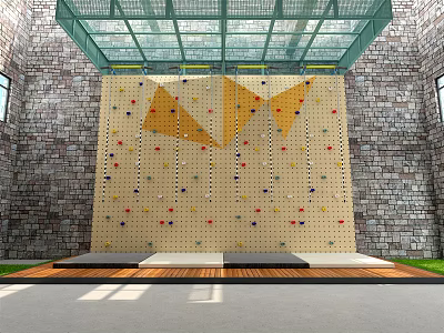Indoor Climbing Wall Equipment With Yellow Wall Colorful Holds Stone Wall Background And Wooden Platform 3d model