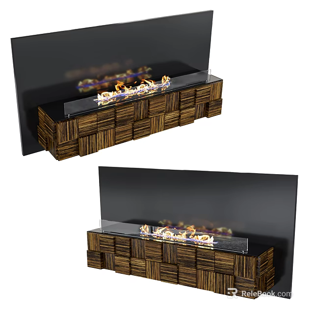 Modern Woven Wooden Fireplace With Black Glass Panel And Flame Effect 3d model 
