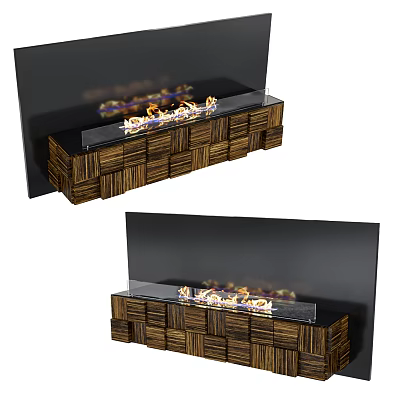 Modern Woven Wooden Fireplace With Black Glass Panel And Flame Effect 3d model