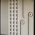 Modern Textured Wall Design With Circular Cutouts Vertical Stripes And Recessed Lights