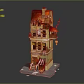 Cartoon Scene Of Multi story Red Roof Building With Balconies Shop Front And Lantern