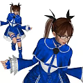Woman In Blue Top And Black Skirt With Twin Ponytails And Ruffled Cuffs