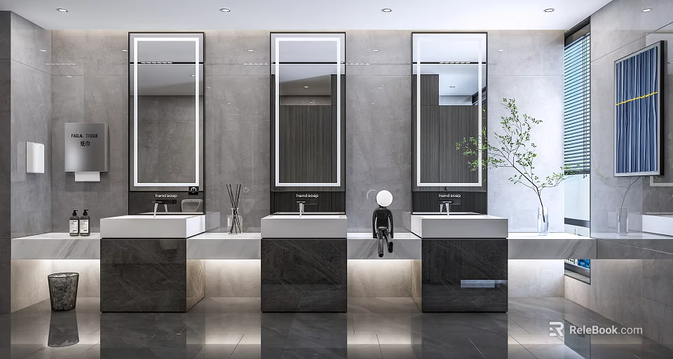 Modern Public Restroom Interior With Three Washbasins Mirrors And Green Plant 3d model 