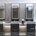 Modern Public Restroom Interior With Three Washbasins Mirrors And Green Plant