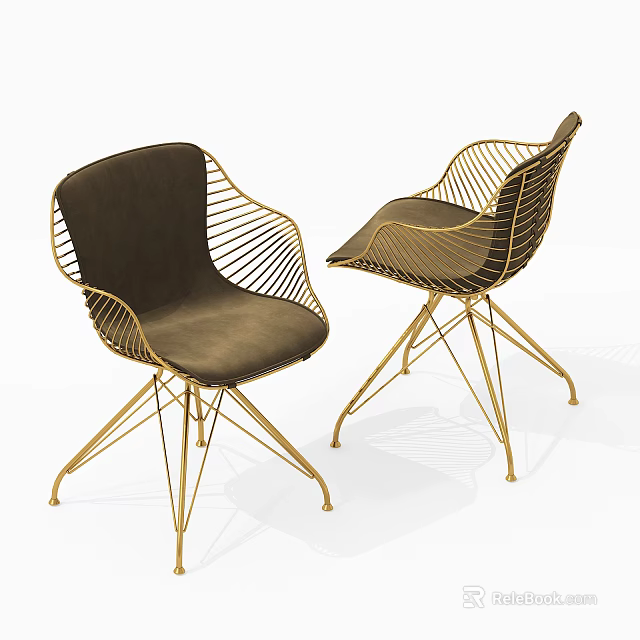Modern Leisure Chairs with Gold Metal Frame and Dark Brown Wire Design Seat 3d model 