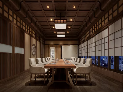 Traditional Japanese Restaurant Interior With Long Wooden Table White Chairs And Shoji Screens 3d model