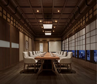 Traditional Japanese Restaurant Interior With Long Wooden Table White Chairs And Shoji Screens 3d model