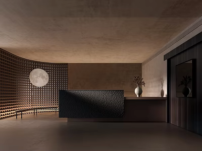 Modern Reception Area Interior Design With Black Desk Circular Moon Decor And Lattice Wall 3d model