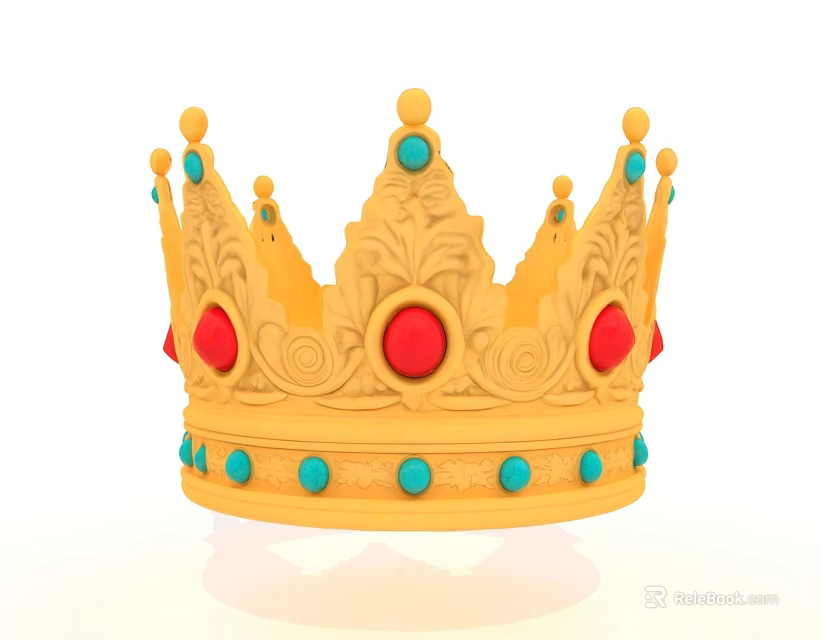 Elegant Decorative Golden Jewelry Crown Featuring Ornate Patterns Red and Turquoise Gemstones 3d model 