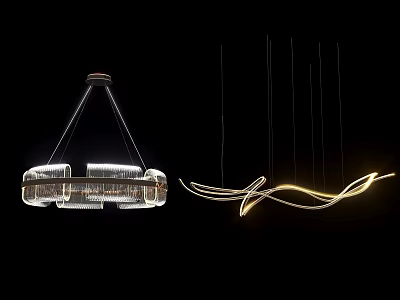 Modern Chandeliers With Round Crystal Frames Transparent Elements And Curved Illuminated Lines 3d model