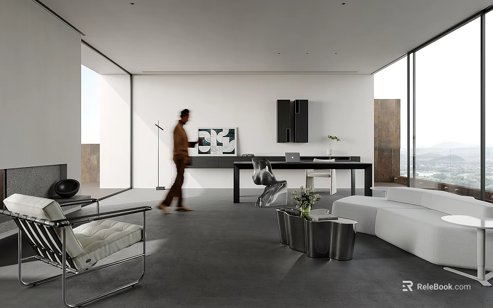 Modern Living Room Interior Design With White Sofa Metal Coffee Table And Floor-to-Ceiling Windows 3d model 