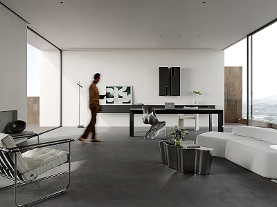 Modern Living Room Interior Design With White Sofa Metal Coffee Table And Floor-to-Ceiling Windows 3d model