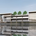 Modern Architectural Building With Wooden Grille Glass Windows And Front Lawn