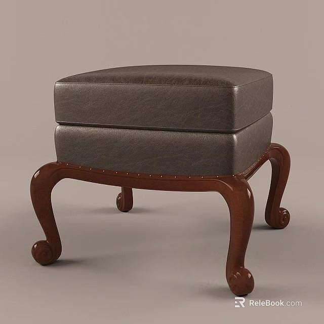 Dark Upholstered Footstool With Two Tiered Cushion And Curved Wooden Legs 3d model 