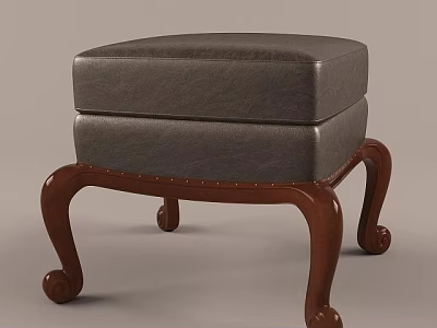 Dark Upholstered Footstool With Two Tiered Cushion And Curved Wooden Legs 3d model