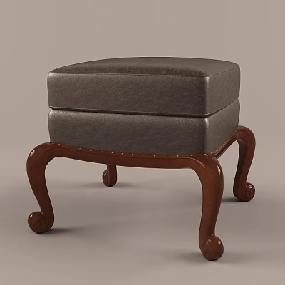 Dark Upholstered Footstool With Two Tiered Cushion And Curved Wooden Legs 3d model