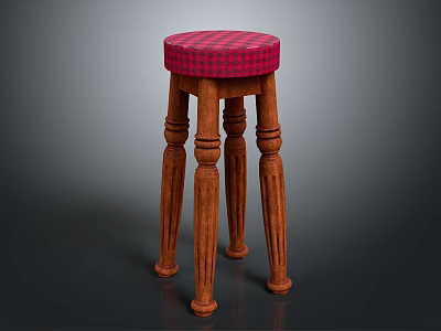 Wooden Furniture Stool With Red Plaid Seat And Carved Decorative Legs Design 3d model