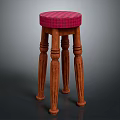Wooden Furniture Stool With Red Plaid Seat And Carved Decorative Legs Design