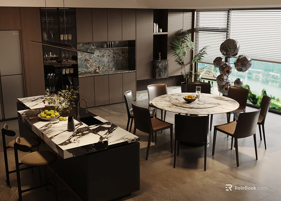 Modern Restaurant Interior Featuring Marble Dining Table Chairs Plants And Window View Decorations 3d model 