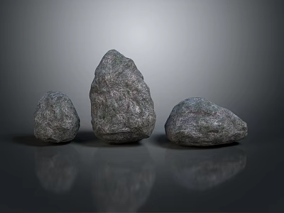 Three Gray Natural Stones with Rough Surfaces and Various Shapes on Reflective Base 3d model