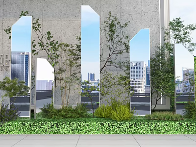 Modern Architectural Floral Art Display With Irregular Openings Greenery And Urban Skyline 3d model