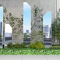 Modern Architectural Floral Art Display With Irregular Openings Greenery And Urban Skyline