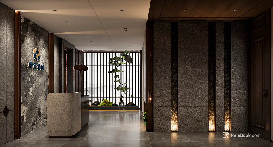 Modern Front Desk Reception Lobby With Minimalist Stone Walls Green Plants Grille And Lighting Design 3d model 