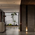 Modern Front Desk Reception Lobby With Minimalist Stone Walls Green Plants Grille And Lighting Design