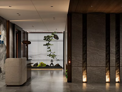 Modern Front Desk Reception Lobby With Minimalist Stone Walls Green Plants Grille And Lighting Design 3d model