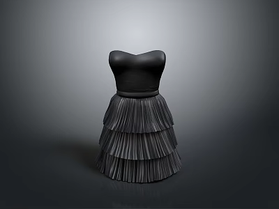 Chic Black Strapless Dress With Flowy Layered Pleated Skirt Design 3d model