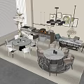 Modern Cream Style Dining Table and Chair Combination Long Table Round Table Island Table Dining Table and Chair Combination Restaurant Chandelier 3d model