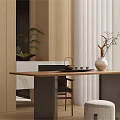 Cozy Tea Room Interior With Long Wooden Table Tea Set And Potted Plant By Window