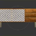 Mid Century Wooden Sideboard With Geometric Pattern Doors Drawers And Metal Legs
