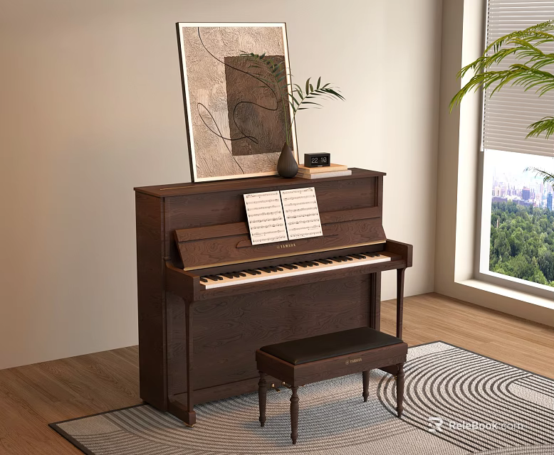 Upright Piano And Framed Painting Artwork In Bright Room With Wooden Floor And Plants 3d model 
