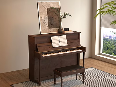 Upright Piano And Framed Painting Artwork In Bright Room With Wooden Floor And Plants 3d model