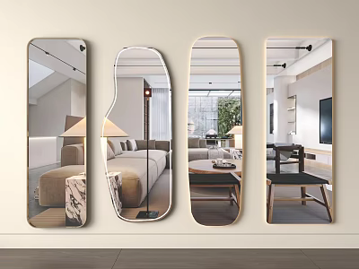 Stylish Different Shapes Wall Mounted Mirrors With Living Room Sofa Plants And TV Reflection 3d model