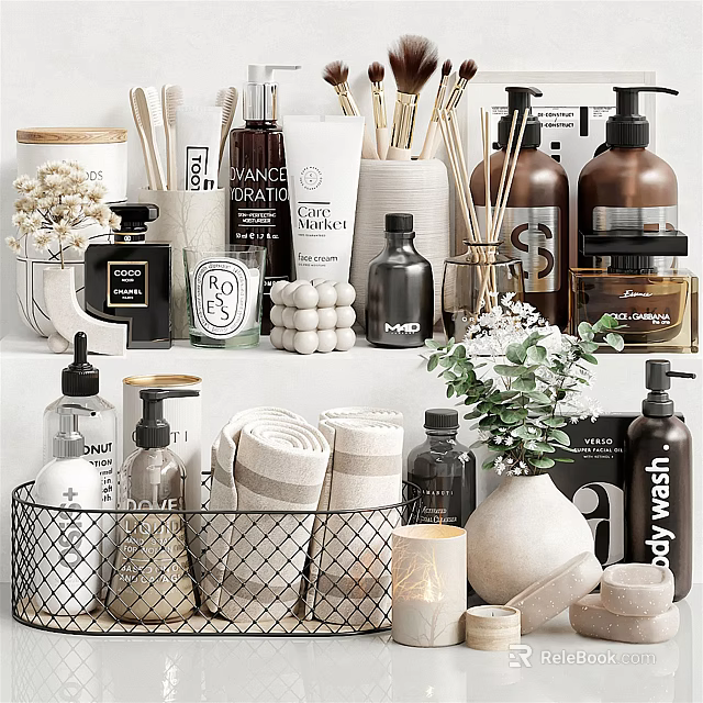 Stylish Bathroom Accessories in Modern Interior With Soap Dispensers Towels and Storage Baskets 3d model 