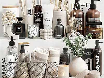 Stylish Bathroom Accessories in Modern Interior With Soap Dispensers Towels and Storage Baskets 3d model