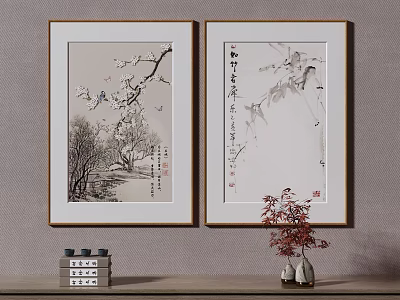 Abstract Paintings Featuring Chinese Plum Blossom Branches Calligraphy And Framed Art Decor 3d model