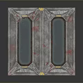 Ornate Metal Door With Glass Panels And Red Decorative Accents