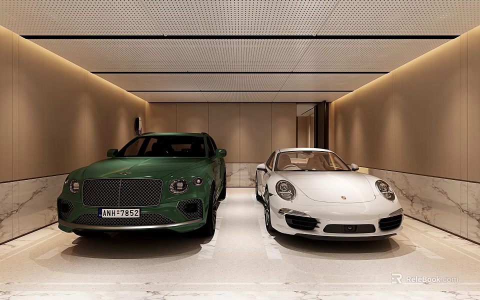 Luxury Modern Parking Garage With Green Bentley And White Porsche Cars 3d model 