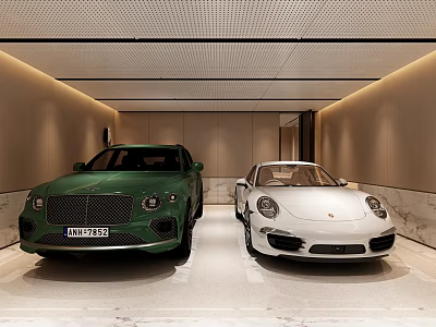 Luxury Modern Parking Garage With Green Bentley And White Porsche Cars 3d model