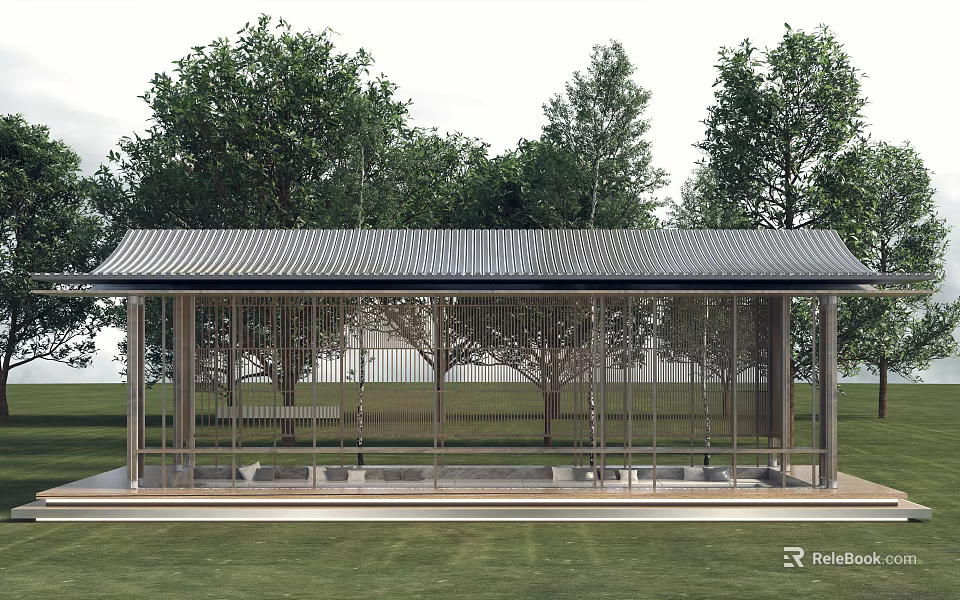 Outdoor Pergola With Tiled Roof Metal Structure Bench And Trees In Lawn 3d model 