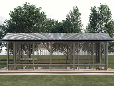 Outdoor Pergola With Tiled Roof Metal Structure Bench And Trees In Lawn 3d model