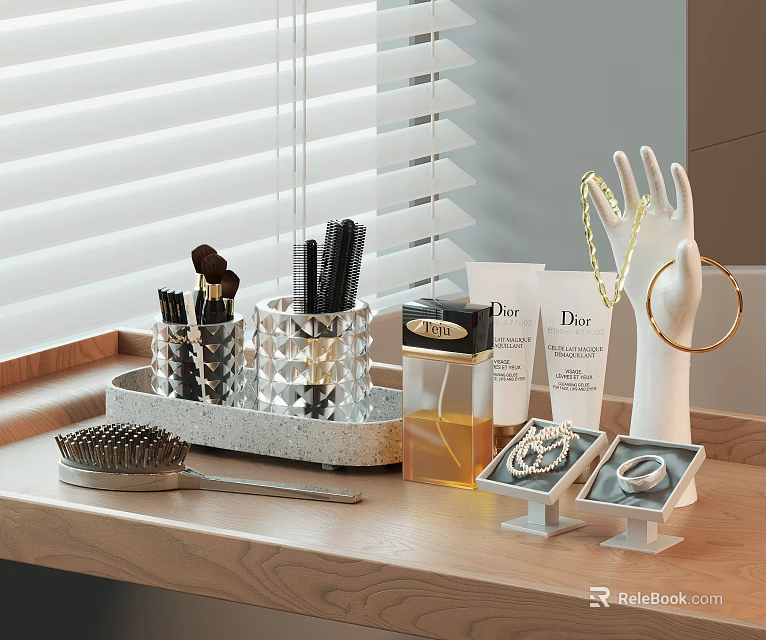 Perfume Cosmetics Display with Makeup Brushes Lotion Tubes and Jewelry on Wooden Vanity Tray 3d model 